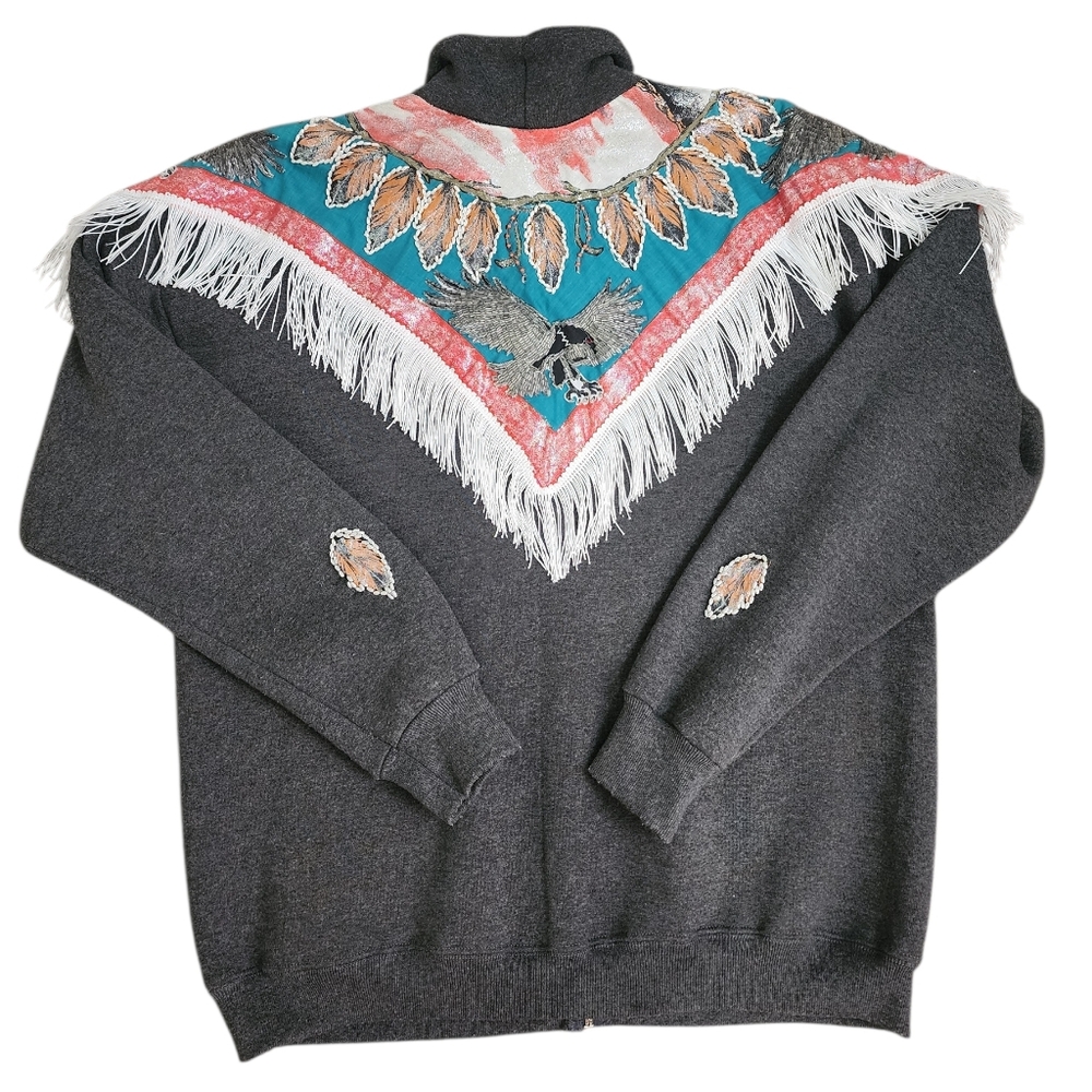 VINTAGE Handpainted Beaded Zip Sweatshirt Aztc Southwest Eagle Fringe Artsy XL - Picture 4 of 13
